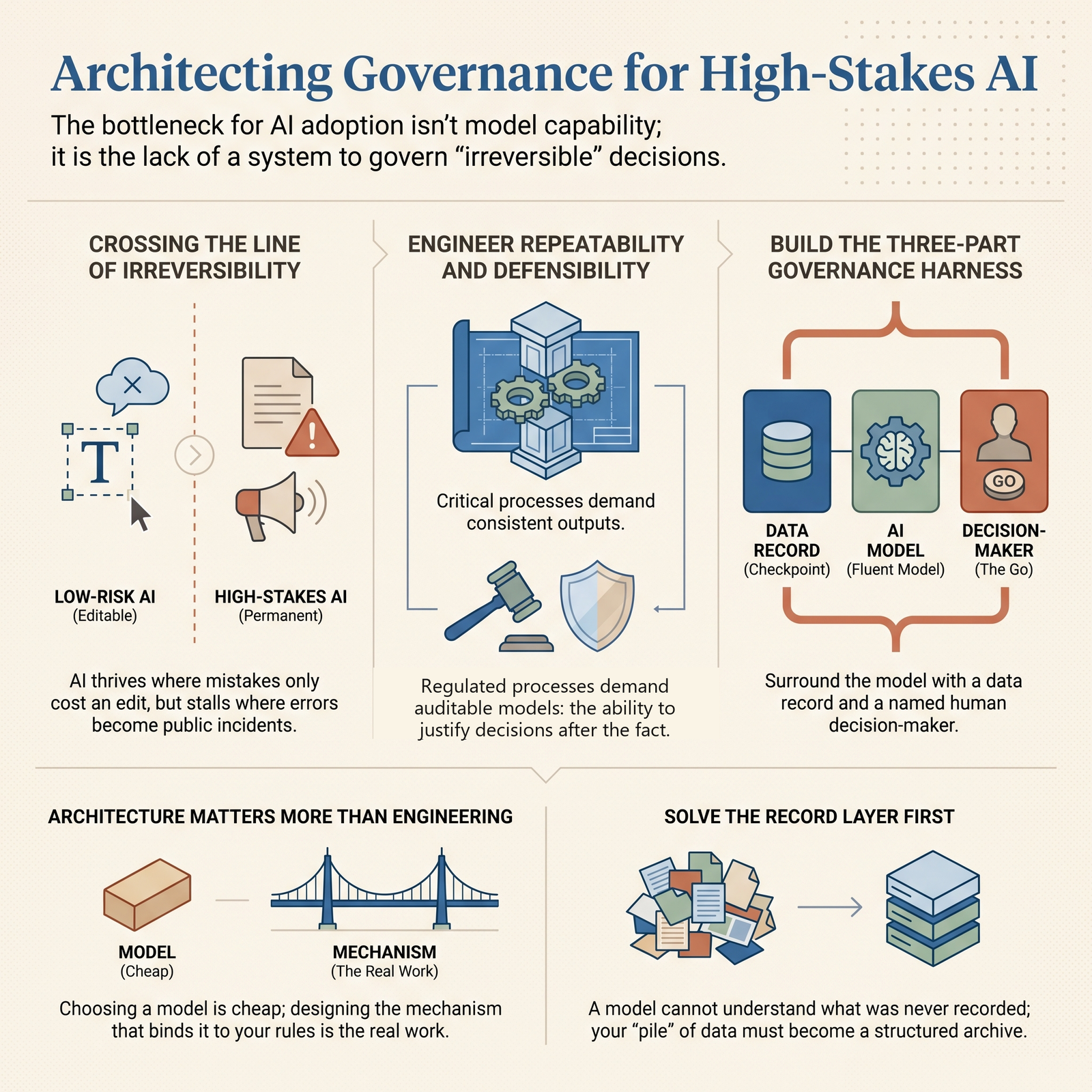 Infographic: the AI adoption bottleneck - irreversible decisions, repeatability and auditability, the record-model-owner harness, architecture over engineering